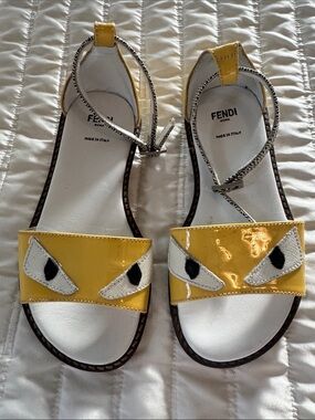 Fendi Yellow Patent Leather Face-Detail Sandals